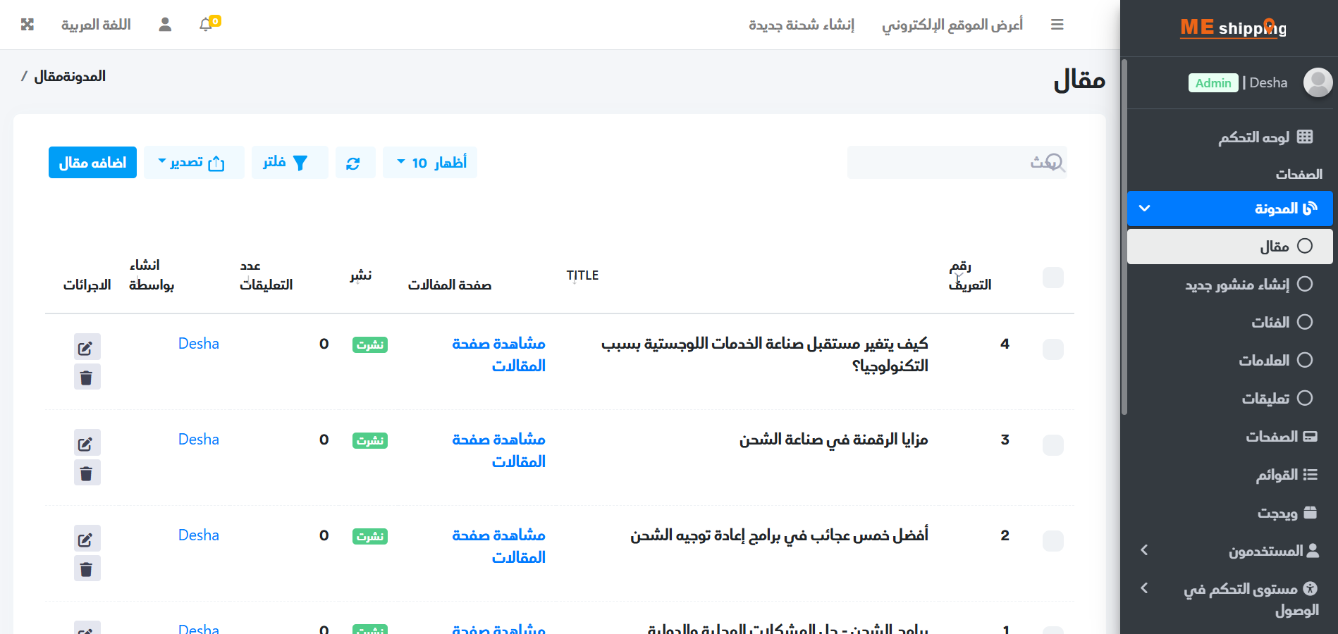 التحكم فى المدونة